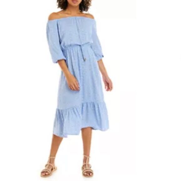 Juniors' 3/4 Sleeve Off the Shoulder Midi Dress - Picture 1 of 9
